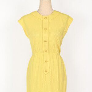 Vintage 50s Yellow Textured Polyester LESLIE FAY Button Up Cap Sleeve Midi Dress